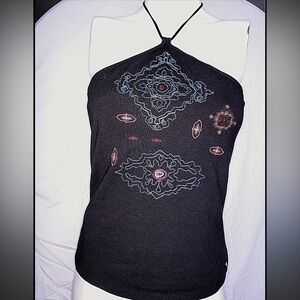 Victoria's Secret Ladies Black Halter Top Abstract Embroidery